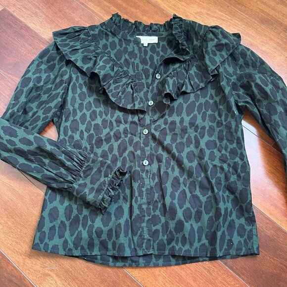 Caballero Ruffle Long Sleeve Blouse – Size Medium Green and Black - Picture 2 of 7
